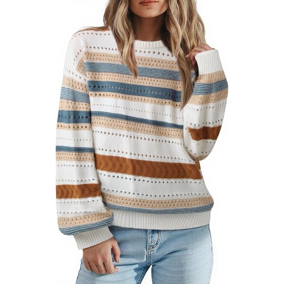 Women's Color Block Cozy Lantern Sleeve Knit Sweater Fall Casual Trendy - Picture 3 of 6